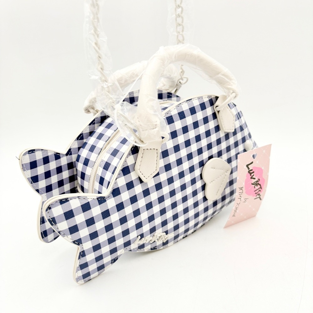 Luv Betsey LBFISH‎ Betsey Johnson Gingham Fish Crossbody Bag Navy Blue White - Picture 3 of 9